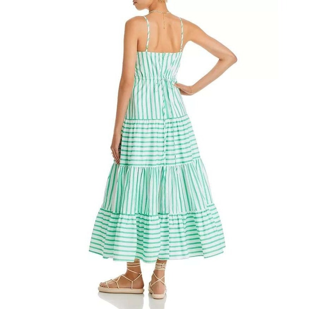AQUA Cotton Tiered Maxi Dress Medium Green Stripe Square Neck Sleeveless Resort - Picture 2 of 14